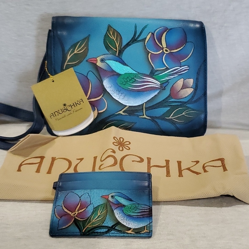 Anuschka nwt little bird floral handpainted leather adjustable strap crossbody